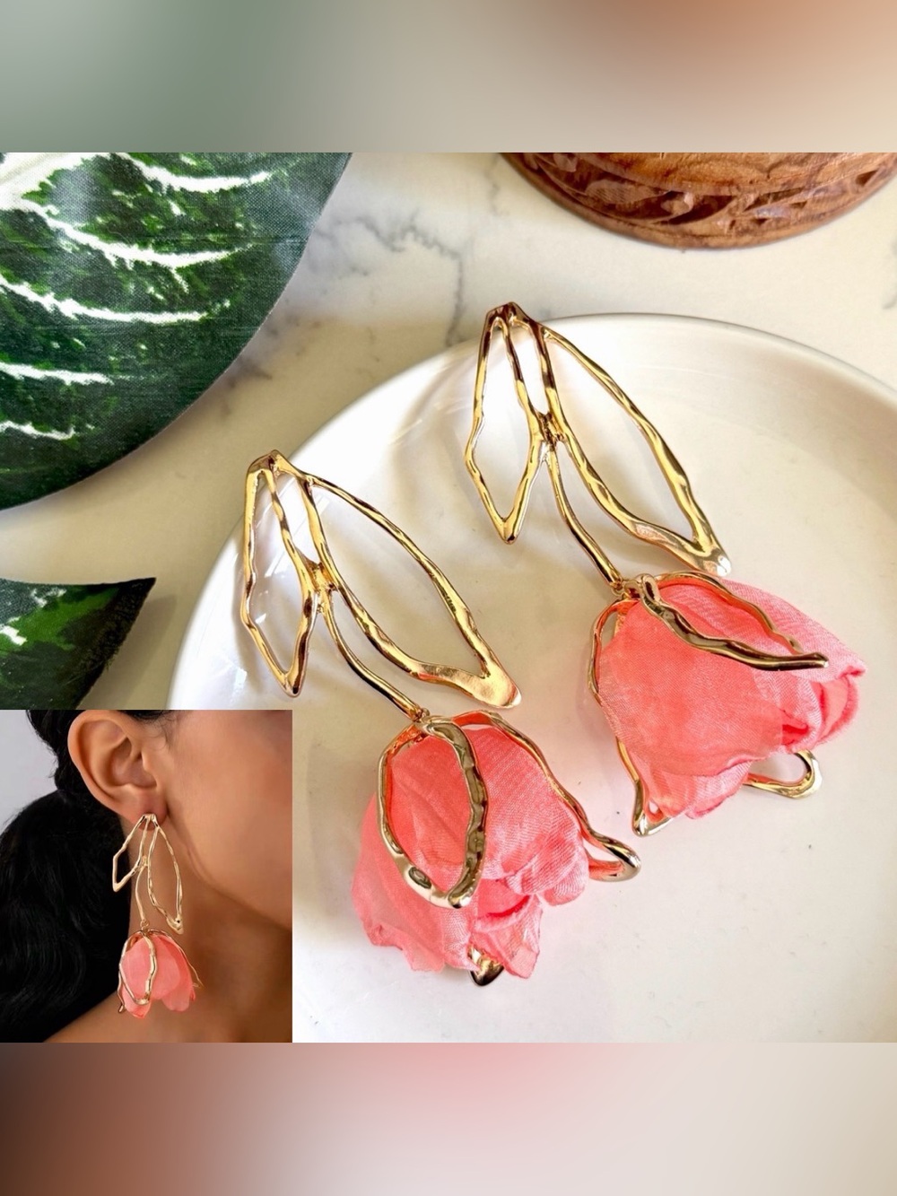 2/$30🌵 Gold Tulip Flower Pink Peach Chiffon Petals Earrings Jumbo Garden NEW